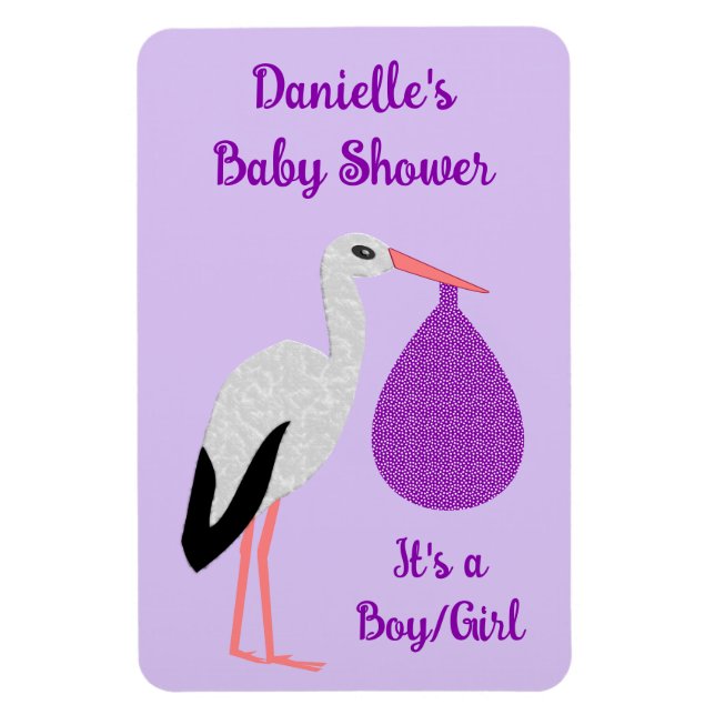 Lila könsneutral Baby Stork Bebis Shower Magnet (Vertikal)