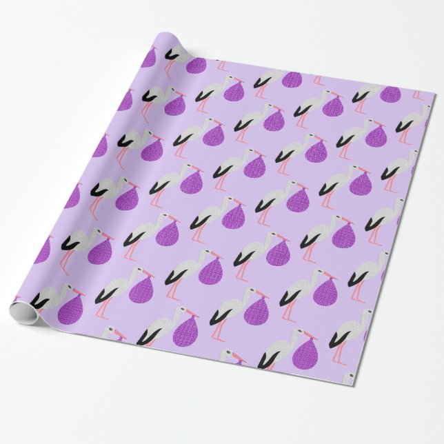 Lila könsneutral Baby Stork Bebisdopp Presentpapper (Utrullad)