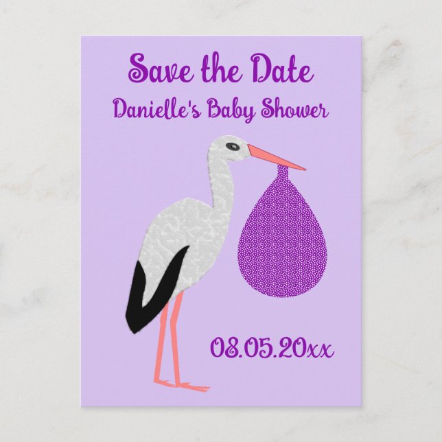 Lila könsneutral Bebis Stork Bebis firande Vykort (Framsida)