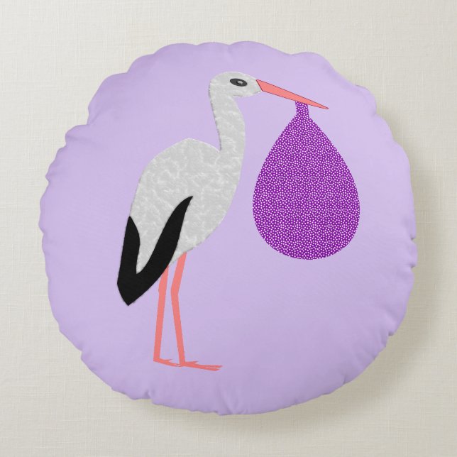 Lila könsneutral Bebis Stork Gravid Rund Kudde (Framsidan)