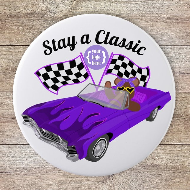 Lila, konvertibel klassisk personbil, Kontrollerad Knapp (logo promotional purple car show car club girl's youth organization fund raiser, bear in a race car)