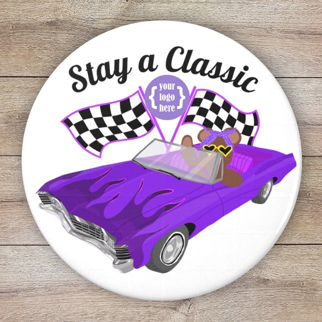 Lila, konvertibel klassisk personbil, Kontrollerad Magnet (purple car club, car show fund raiser, girl's youth organization logo magnet, event party favor)