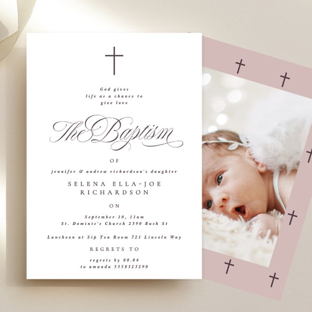 Lila Kor Calligraphy Taupe Photo Baptism Inbjudningar (Skapare uppladdad)