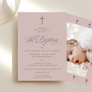Lila Kor Calligraphy Taupe Photo Baptism Inbjudningar