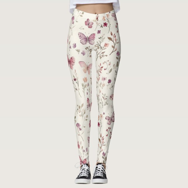 Lila kräm fjärilar Blommig Leggings (Framsida)