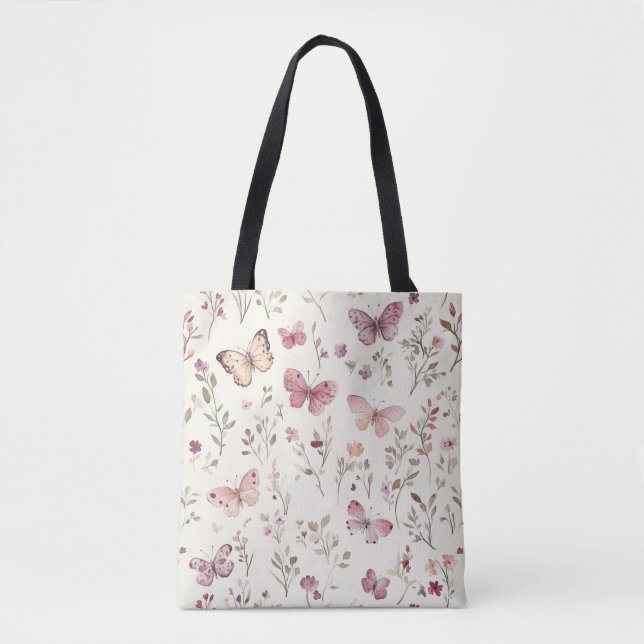 Lila kräm fjärilar Blommig Tygkasse (Framsida)