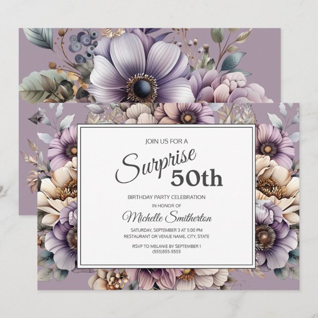 Lila kräm taupe blommig överraskning 50-årsdag inbjudningar (Fram/baksida)