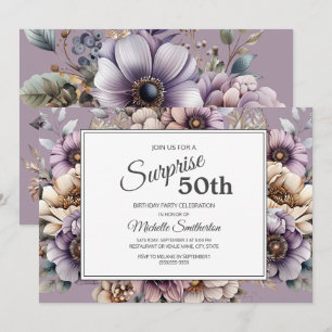 Lila kräm taupe blommig överraskning 50-årsdag inbjudningar