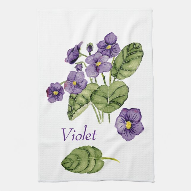 Lila kränker vattenfärgen grönt löv kökshandduk (Vertikal)