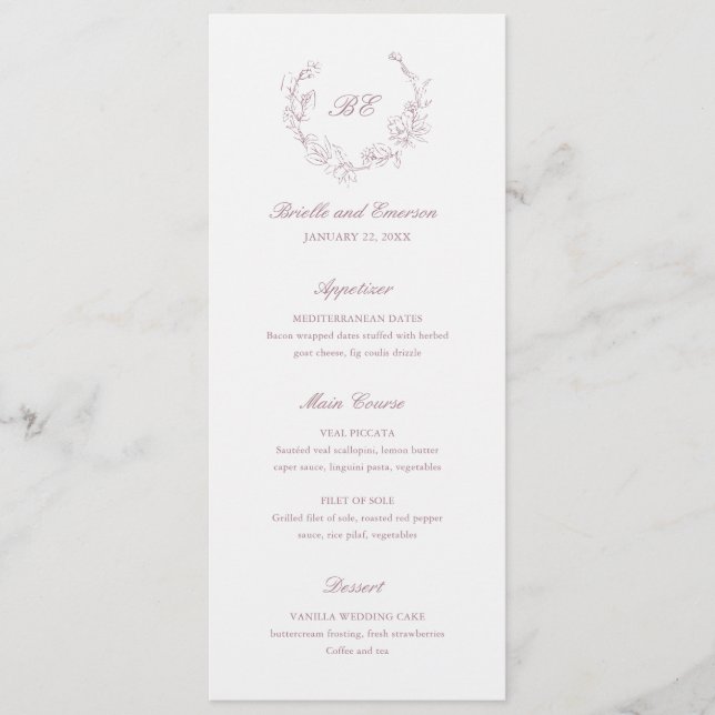 Lila kransmonogram Elegant bröllop Meny (Framsida)