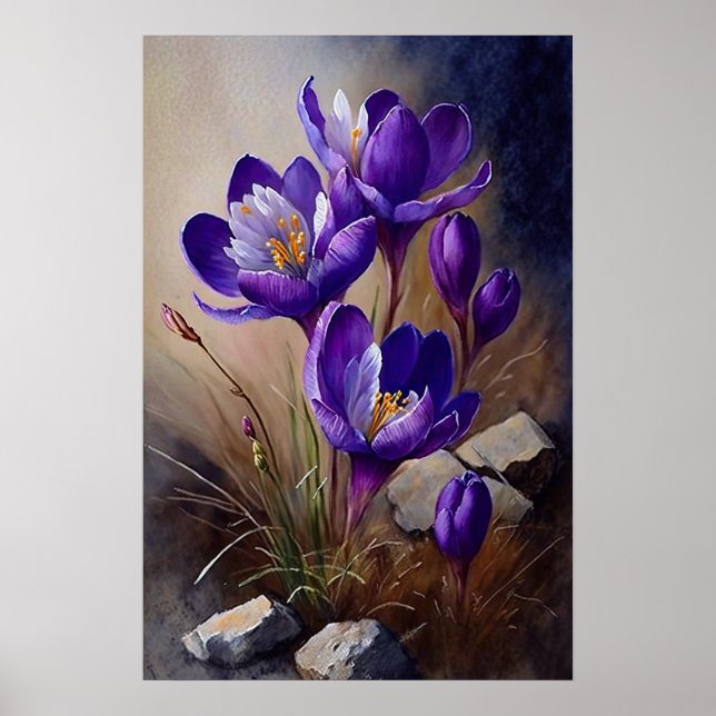 Lila krokusblommor konsttryck affisch (Framsidan)