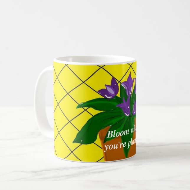Lila krukväxter med talesätt kaffemugg (Framsida vänster)