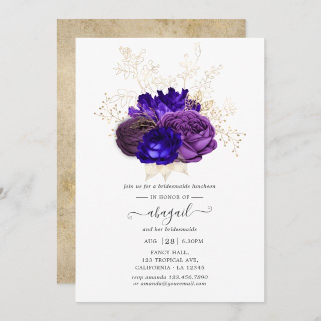 Lila, kunglig blå och guld brudtjänsteflickor lunc inbjudningar (Fram/baksida)