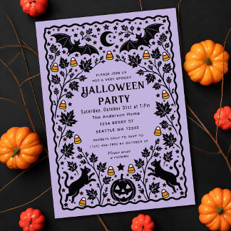 Lila kuslig folkkonst fladdermus & katt Halloween- Inbjudningar
