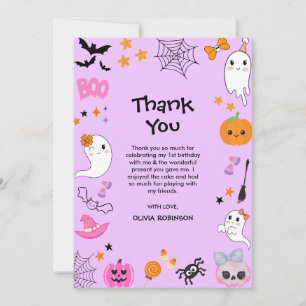 Lila kusliga ett söta Halloween 1-års födelsedag Tack Kort