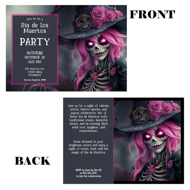 💀 Lila La Calavera i hatt med blommor Inbjudningar (💀 Purple La Calavera in hat with flowers Invitation with customizable text)