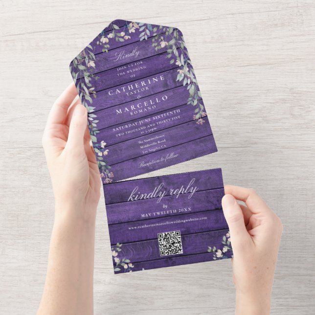 Lila lada rustik trä blomster QR-kod bröllop (Avrivbar del)