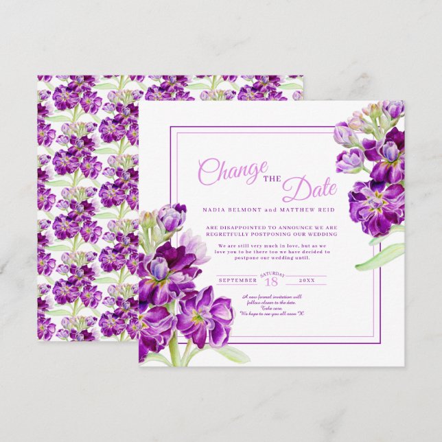 Lila lagrar blommor art bröllop ändrar datum inbjudningar (Fram/baksida)