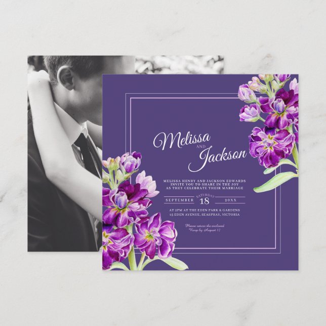Lila lagrar blommor, vattenfärg och foto bröllop inbjudningar (Fram/baksida)