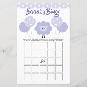 Lila Lamb Baby Shower Cute Sweet Bingo Game Card