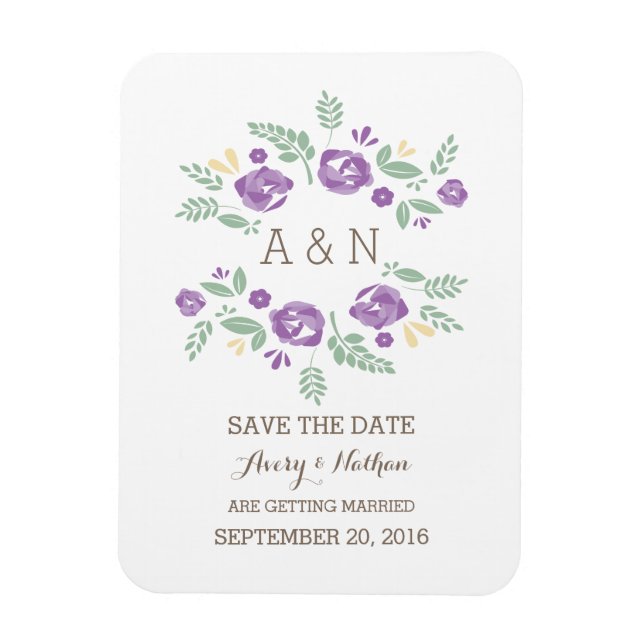 Lila Land Blommigt Monogram Spara datum Magnet (Vertikal)