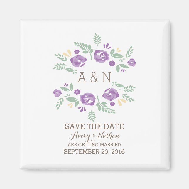 Lila Land Blommigt Monogram Spara datum Magnet (Framsidan)