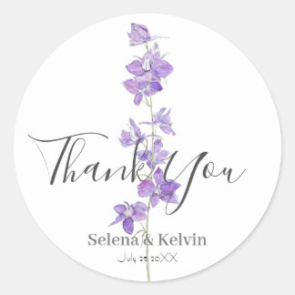 lila larkspurs blommor, vattenfärg runt klistermärke