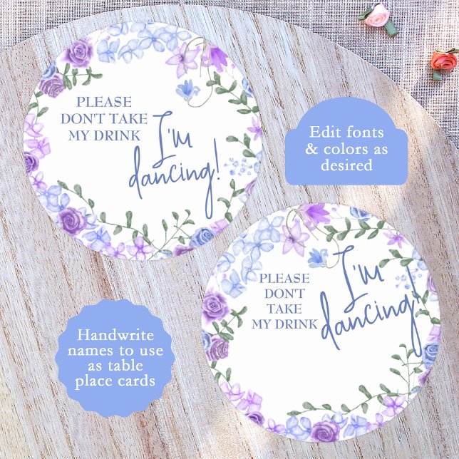 Lila, lätt blått Bröllop-platskort Namn bricka Underlägg Papper Rund (purple lilac lavender & light blue rose wedding reception "don't take my drink I'm dancing")
