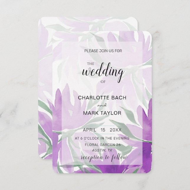 Lila Lavander Watercolor Elegant Blommigt Inbjudningar (Fram/baksida)