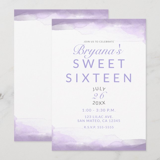 Lila Lavendel Akvarell Modern Chic Sweet 16 Inbjudningar (Fram/baksida)