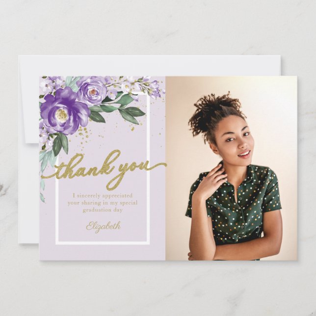 Lila Lavendel Blommig Foto Examen Tack Kort (Framsida)