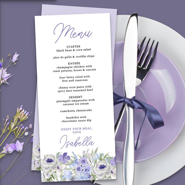 Lila Lavendel Blommig Kant Middag Meny (Menu with editable courses and food items, from the purple peri floral collection)