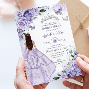Lila Lavendel Blommig Silver Quinceanera Sweet 16 Inbjudningar