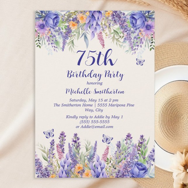 Lila Lavendel Blommig Trädgårdsfest 75-årsdag Inbjudningar (Cheers to 75 years!)