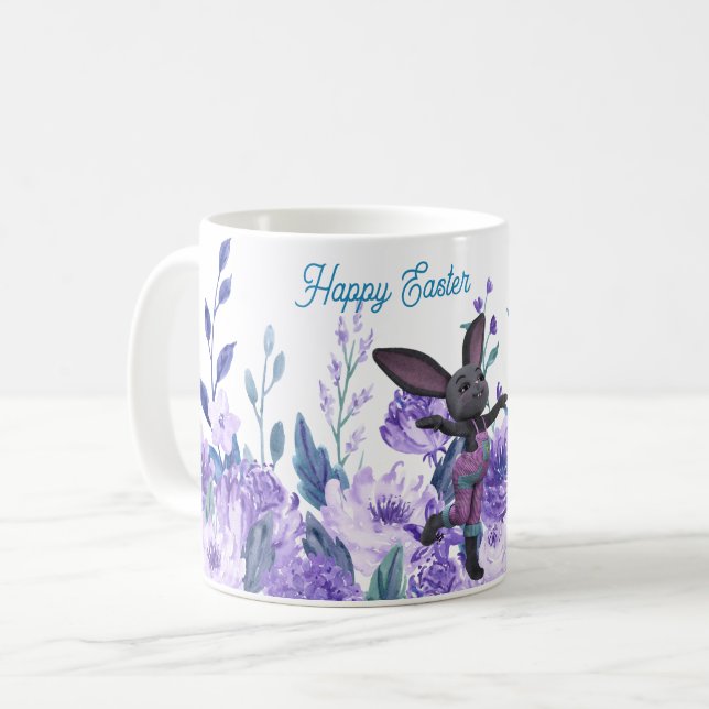 Lila lavendel Blommig Whimsical Påskharen Mugg (Framsida vänster)