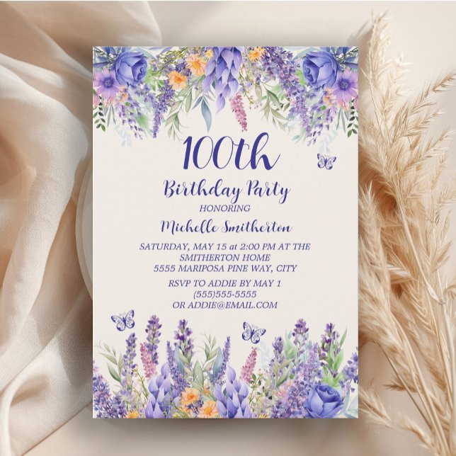 Lila Lavendel Blommiga Fjärilar 100-årsdag Inbjudningar (Lavender watercolor floral women's 100th birthday party invitation)