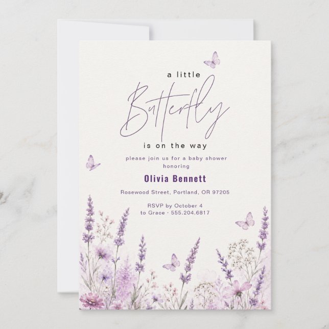 Lila Lavendel Fjäril Baby Shower Inbjudningar (Framsida)