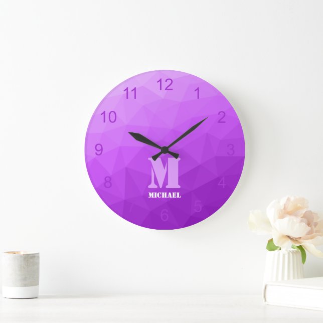 Lila lavendel Geometrisk nätmönster Monogram Stor Klocka (Hem)