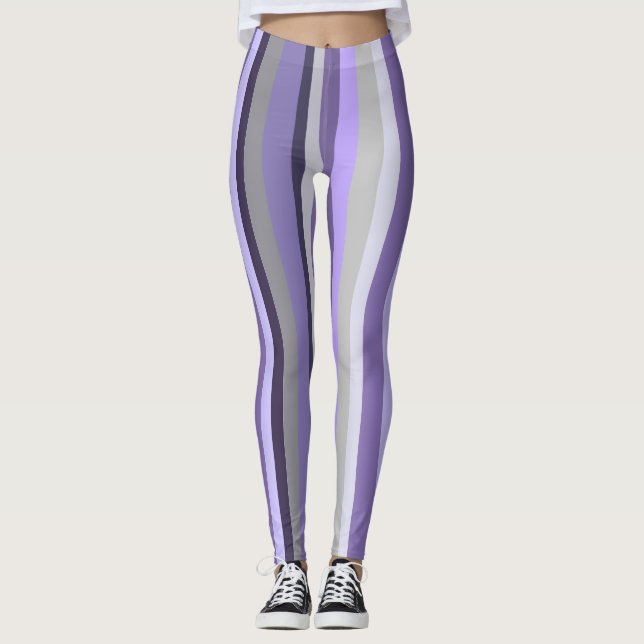 Lila Lavendel Grå Vertikalt Randig Leggings (Framsida)