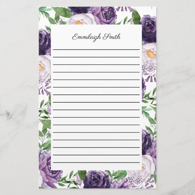 Lila Lavendel Peonies Blommig Linjerat Brevpapper (Framsida)