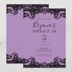 Lila Lavendel & Svart Spets Sweet 16-fest Inbjudningar