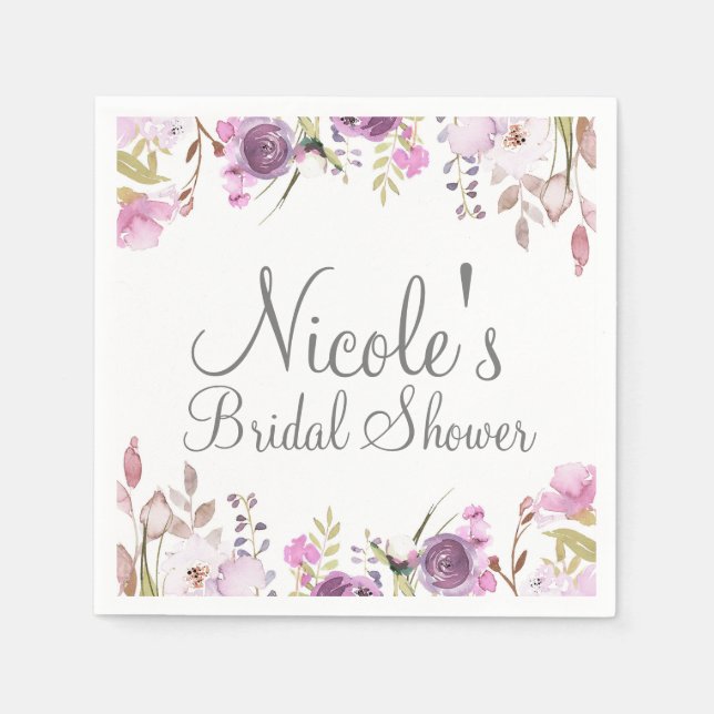 Lila Lavendel Syren Vattenfärg Blommig Bröllop Pappersservett (Framsidan)
