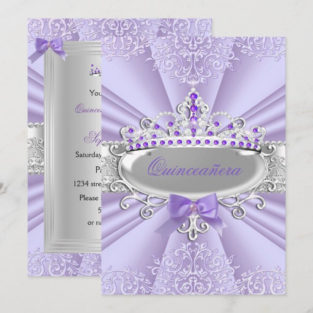 Lila Lavendel Tiara Damast Quinceanera-fest Inbjudningar (Fram/baksida)