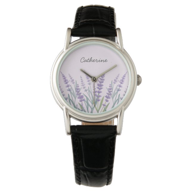 Lila Lavendel Vattenfärg Blommig Armbandsur (Framsida)