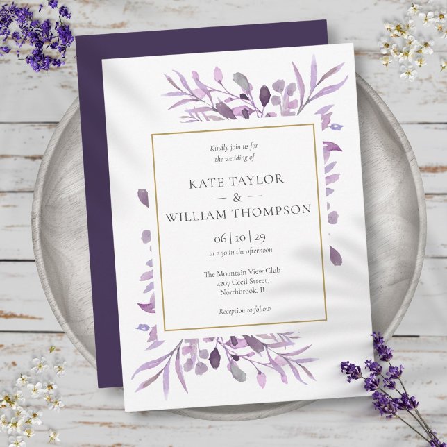 Lila Lavendelblad Elegant Guld Bröllop Inbjudningar (Purple Lavender Foliage Elegant Gold Wedding Invitation)
