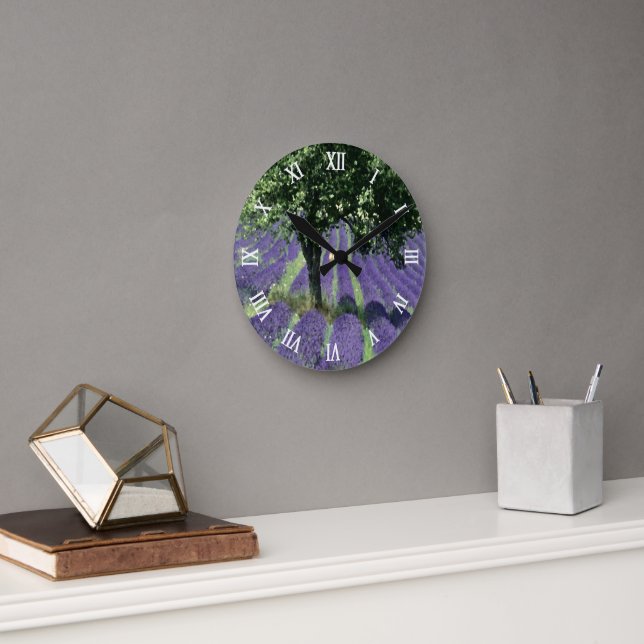 Lila lavendelblommor olivträd konstmålning rund klocka (Kontor)
