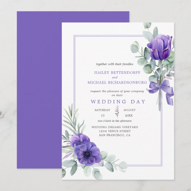 Lila Lavender Anemones och Greenery Ram Inbjudningar (Fram/baksida)