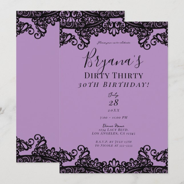 Lila Lavender Black Snöre Dirty 30 Birthday Inbjudningar (Fram/baksida)
