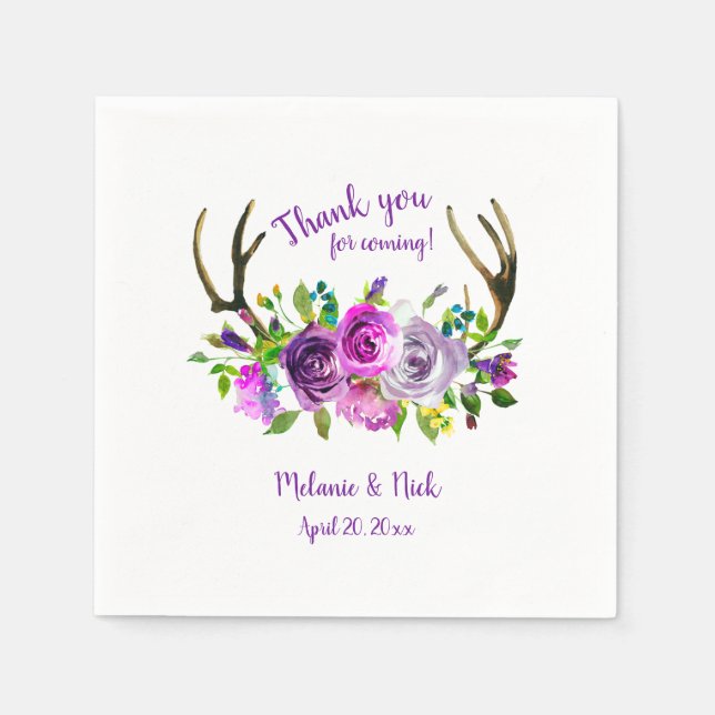 Lila Lavender Blommigt antlers bröllop decor Pappersservett (Framsidan)