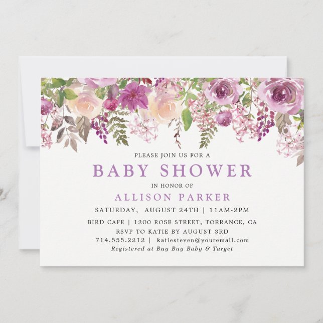 Lila Lavender Blommigt Baby Shower-inbjudan Inbjudningar (Framsida)